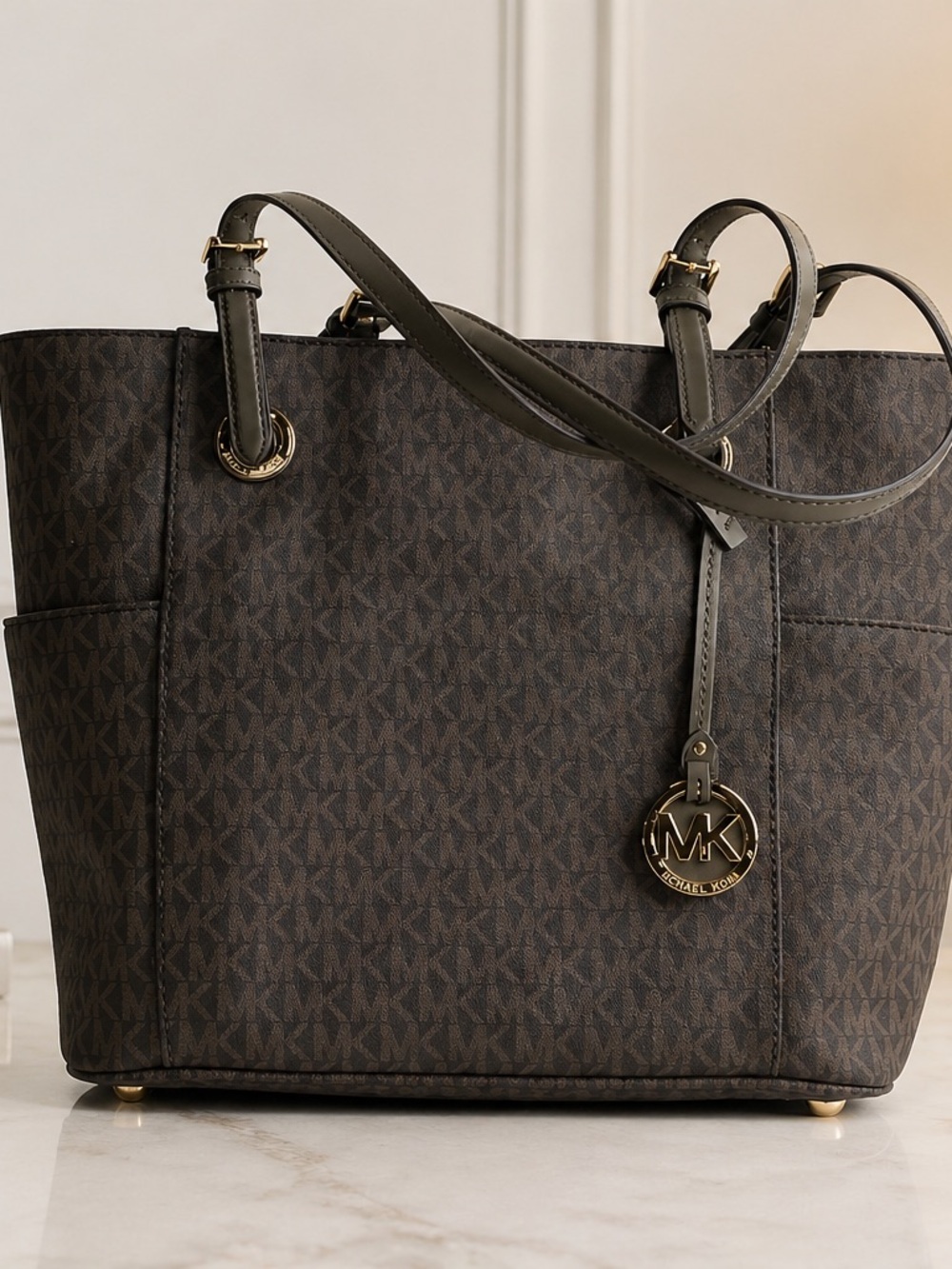 Michael Kors Army Green Monogram Tote with Logo Charm